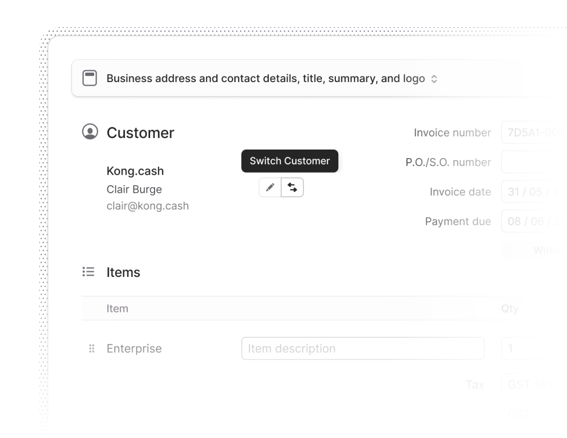 Quick invoice creation interface